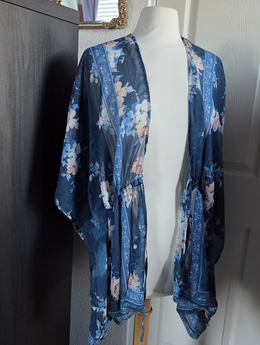 Blue Floral Kimono Sheer Flowy Layering Top